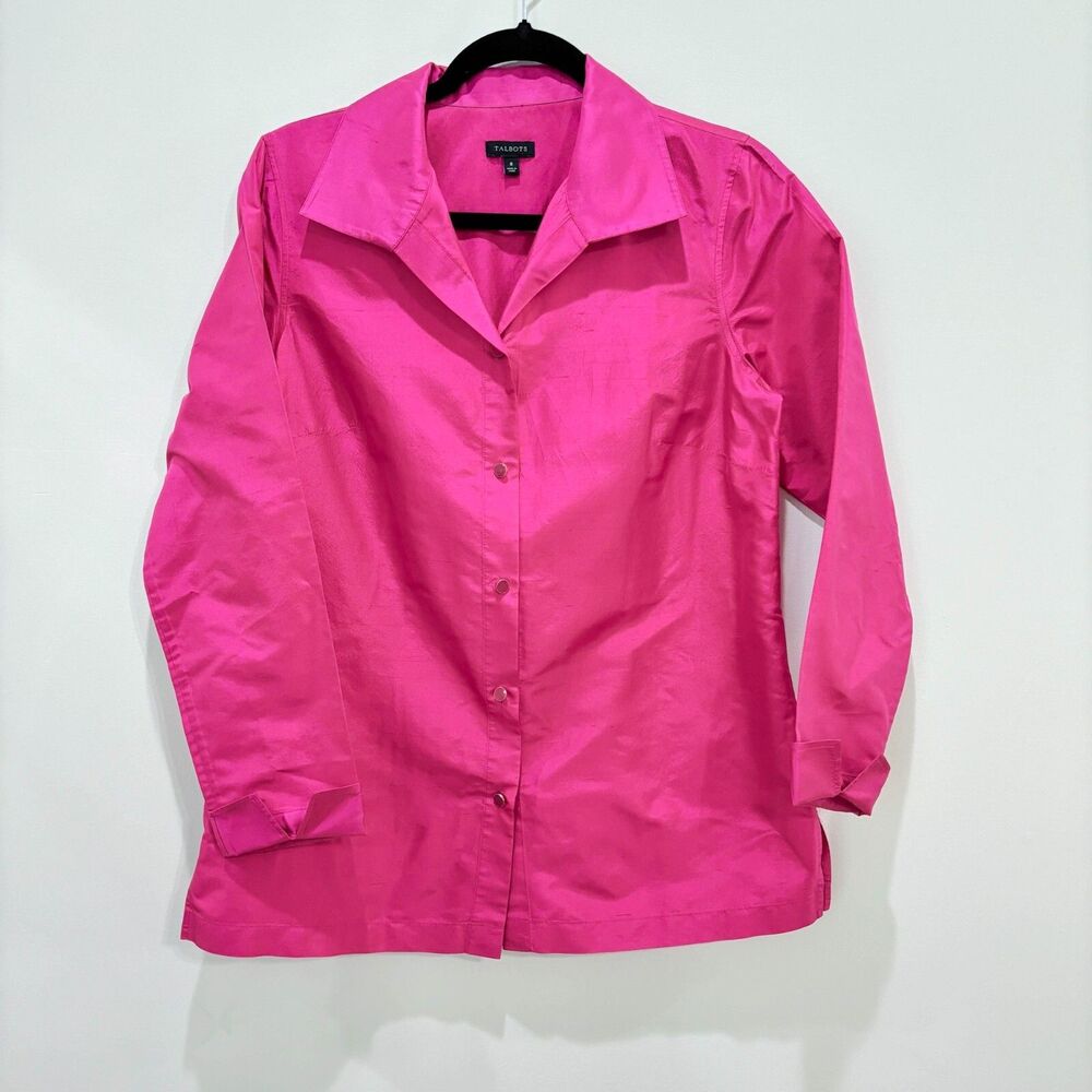 Talbots 100% Silk Button Front Shirt 8 Collared Satin Fuchsia Pink Easter Barbie
